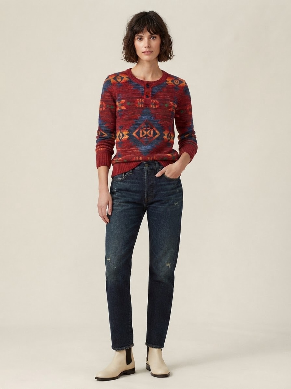 Denim & Supply Ralph Lauren Aztec Pattern Knit Button Placket Sweater - Size L